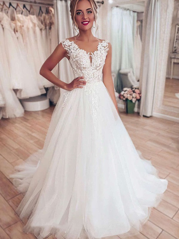 Elegant V-Neck A-Line Sleeveless Tulle Sweep Train Wedding Dresses