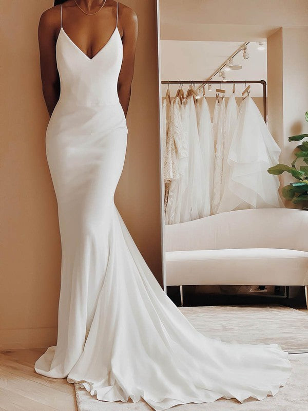 Elegant V-Neck Sleeveless Chiffon Trumpet Wedding Dresses with Court Train