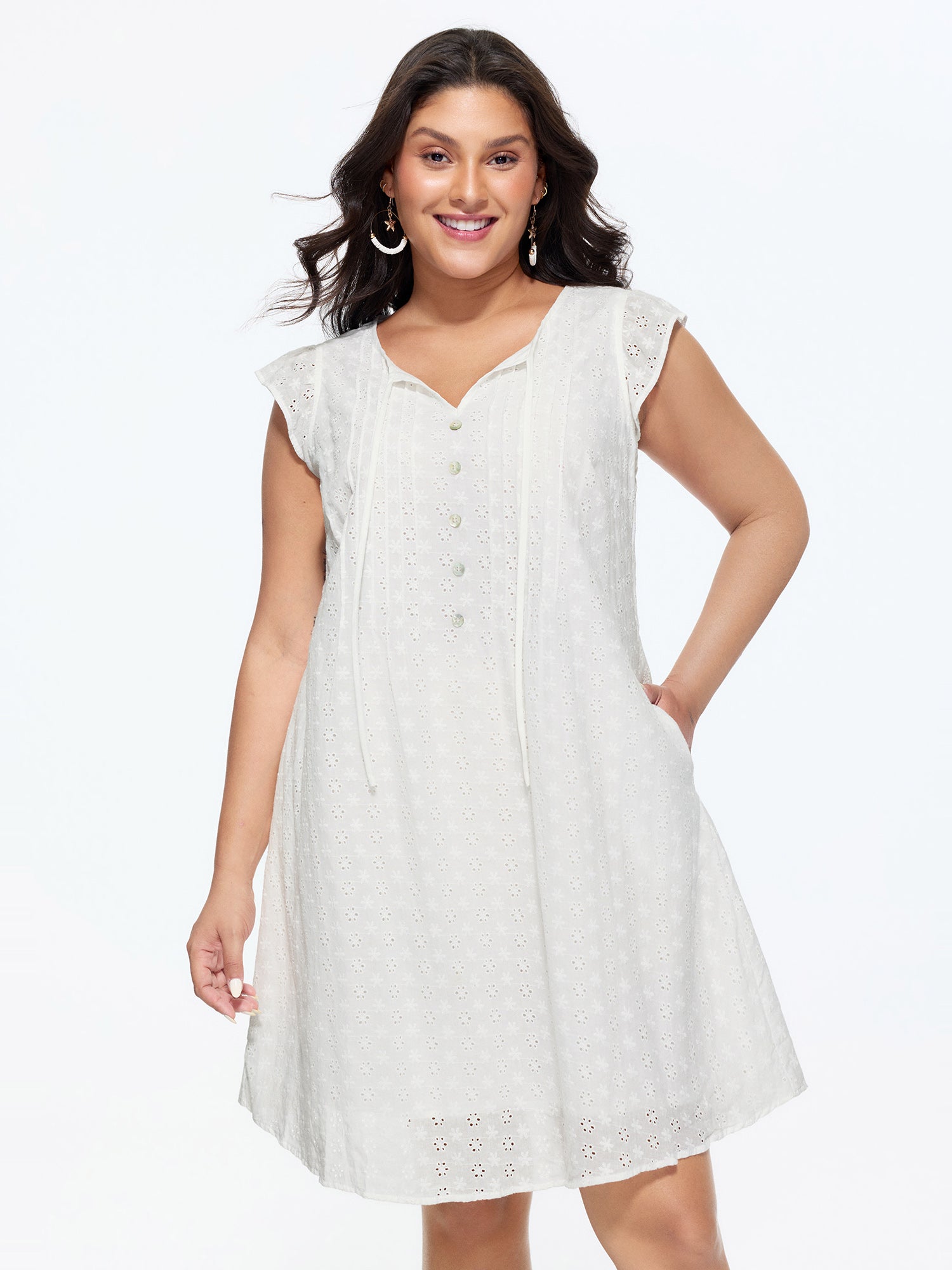 Cotton Eyelet Trim Neck-Tie Pleated Mini Dress