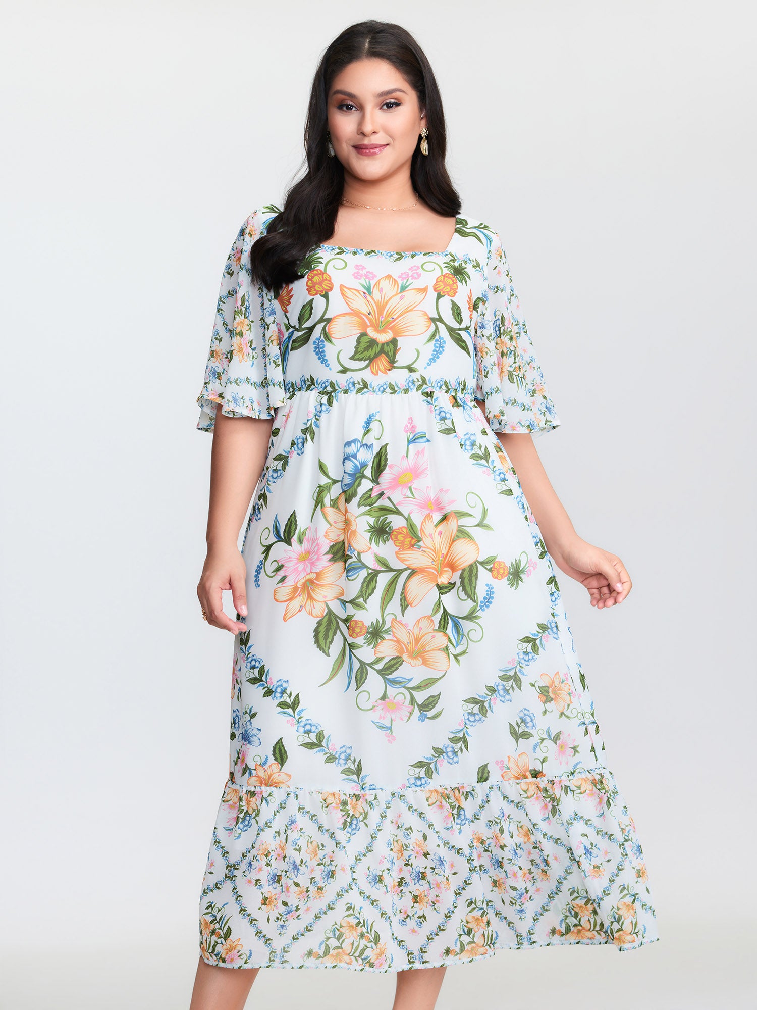 Floral Print Cinched Waist Maxi Dress