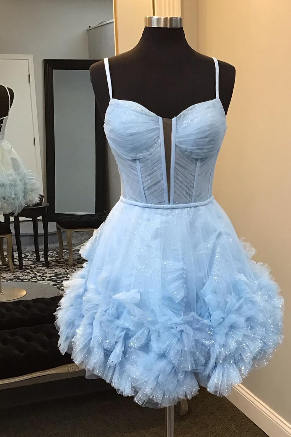 Glitter Blue Corset Tulle A-Line Tulle Short Homecoming Dress/Mini Dress With Pocket