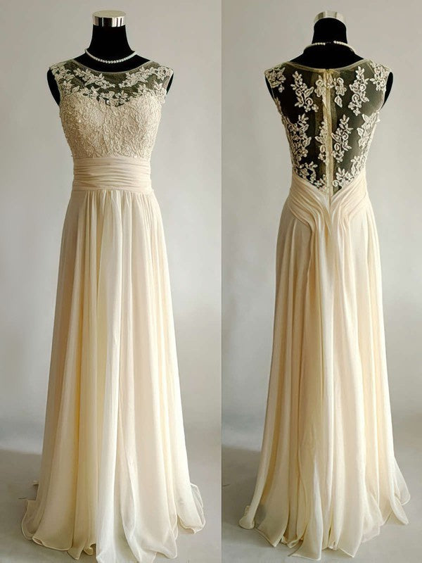 Beautiful A-Line Jewel Neck Sleeveless Chiffon Floor-Length Wedding Dresses with Ruffles