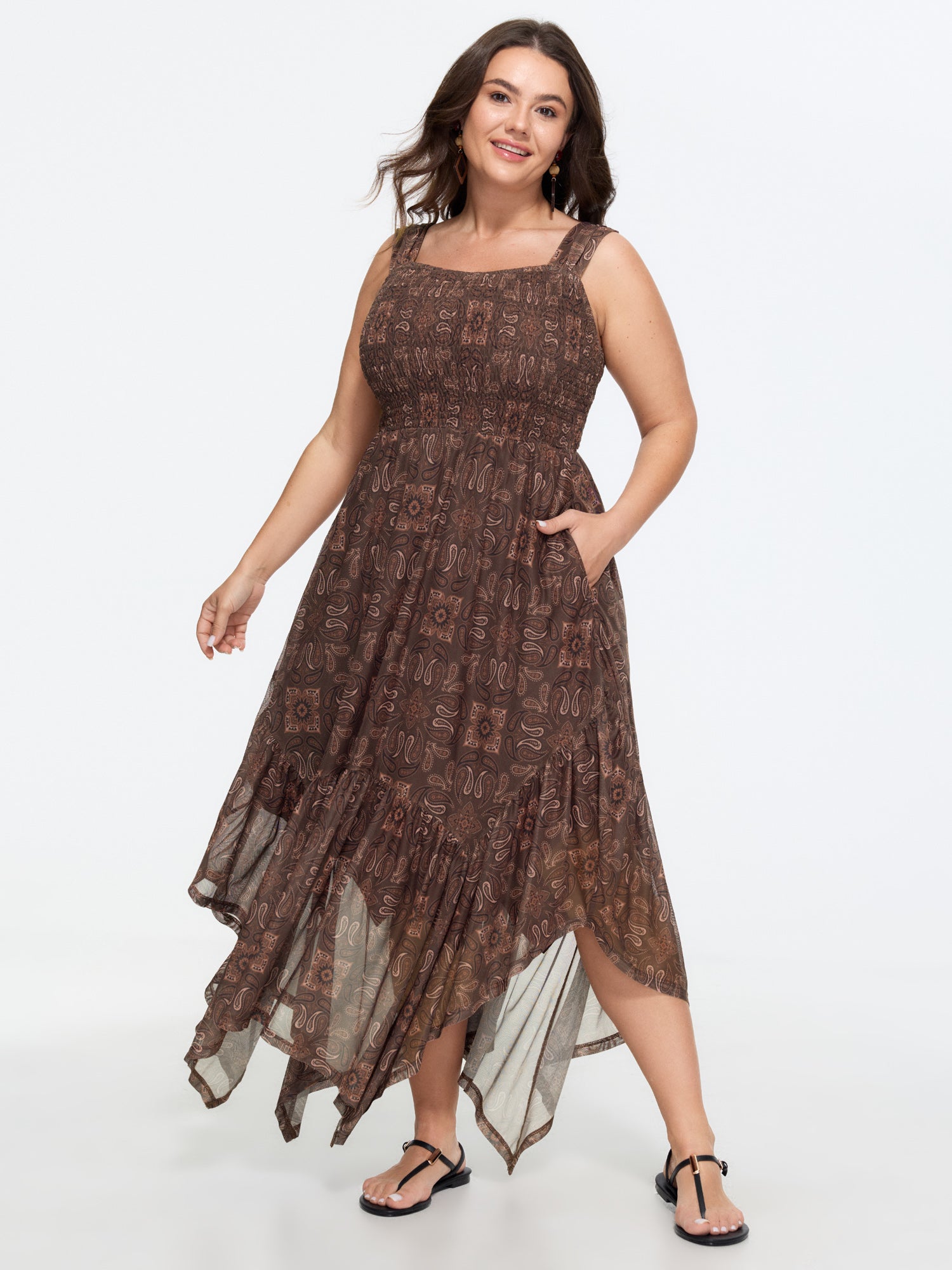Paisley Print Ruffled Asymmetrical Hem Midi Dress