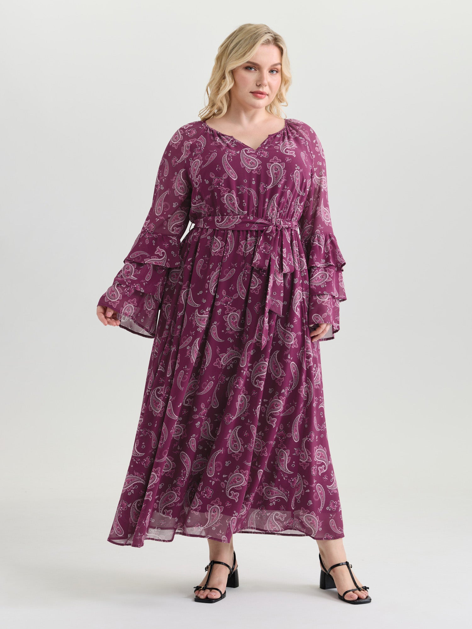 Boho Paisley Print Waist-Tie Maxi Dress