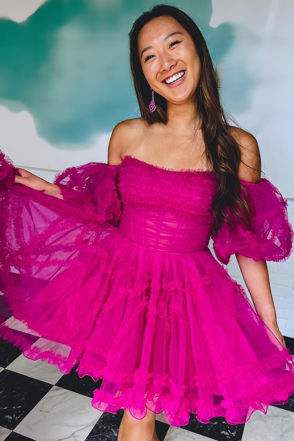 Fuchsia Corset Puff Sleeves A-Line Short Homecoming Dress/Mini Dress with Ruffles