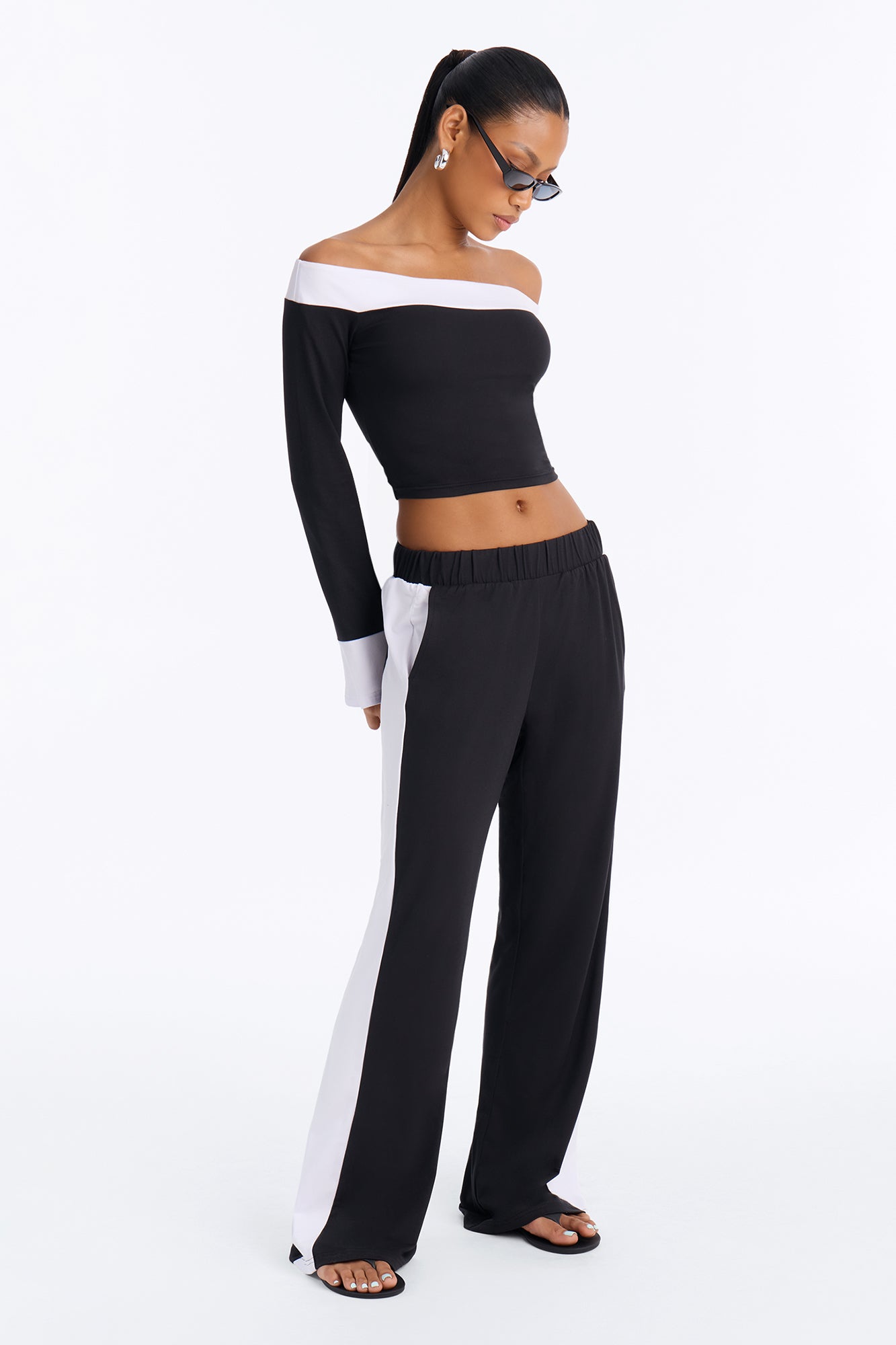 Lacey Off Shoulder Pant Set - Black/White