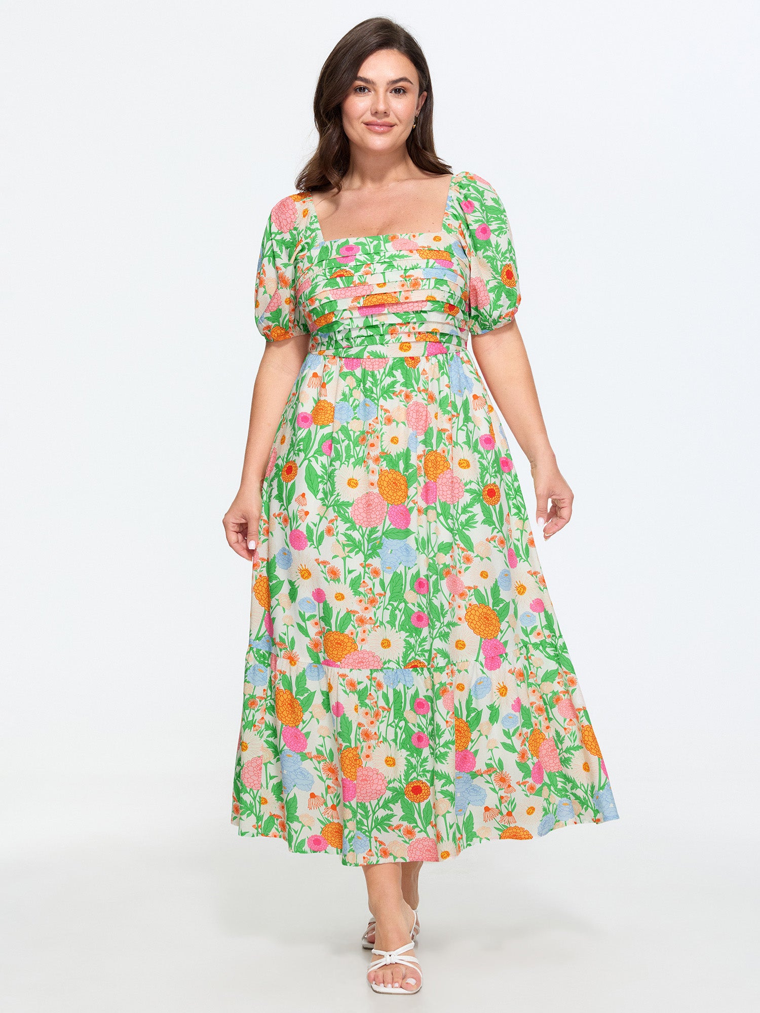 Floral Print Pleated Square Neckline Maxi Dress