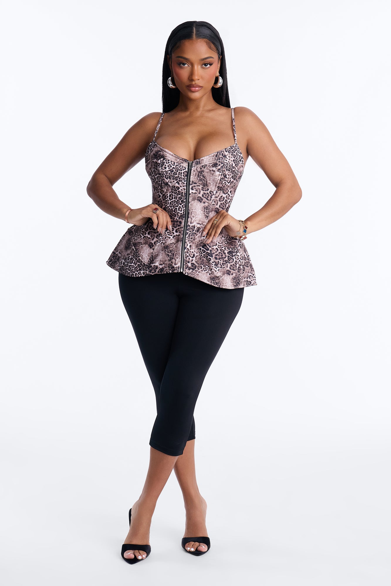 Molly Leopard Front Zip Peplum Blouse - Brown/combo