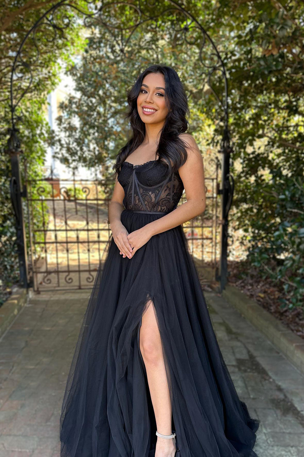 Black Sweetheart A-Line Prom Corset Dress with Front Split