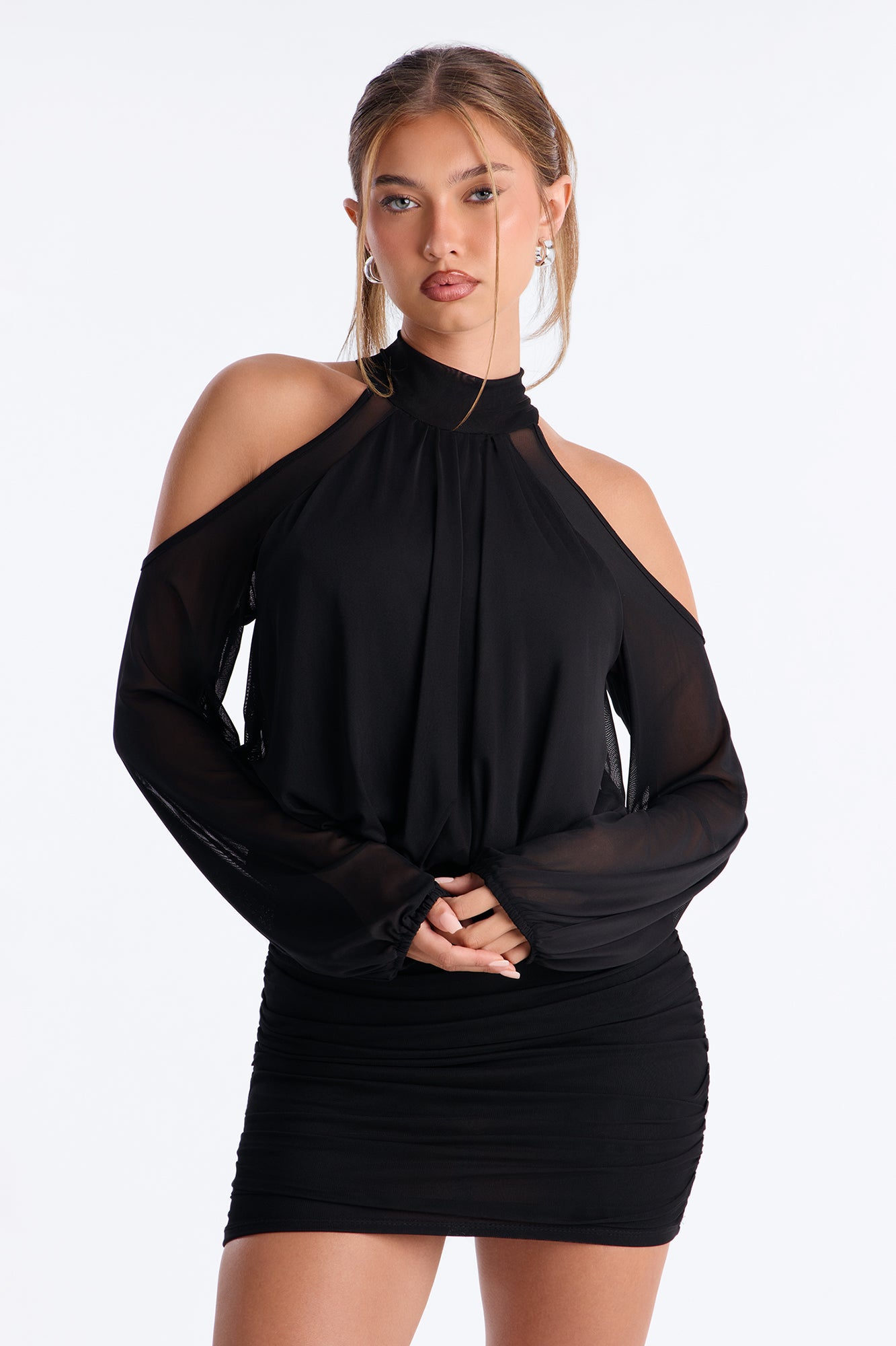 Double Dare Cold Shoulder Mesh Mini Dress - Black