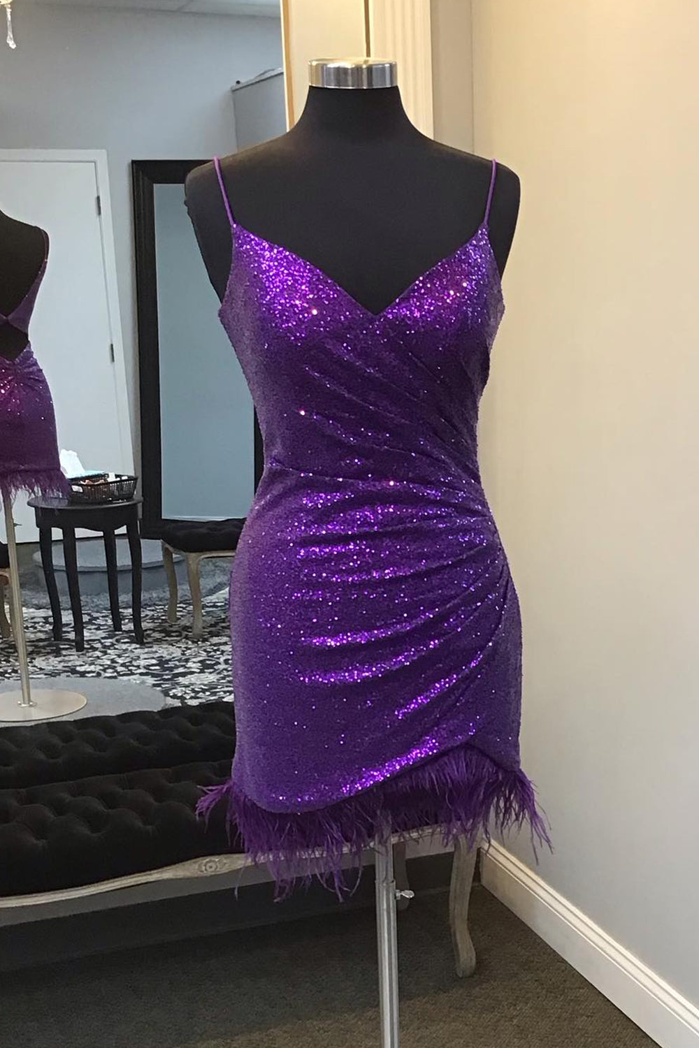 Sparkly Purple Sequin Open Back Tight Short Homecoming Dress/Mini Dress with Feathers