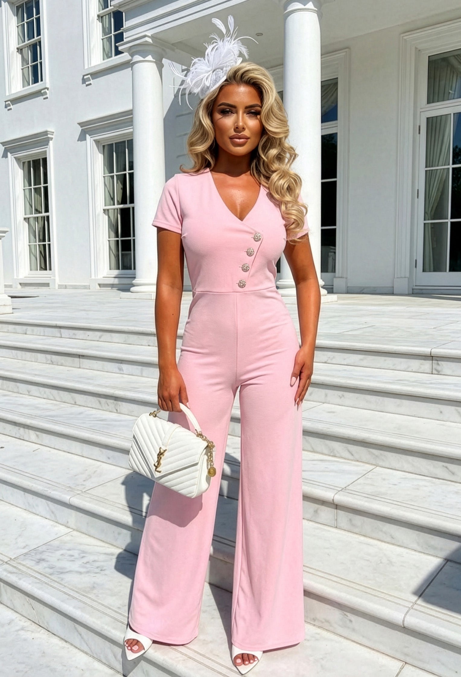 You Slay Girl Pink Gold Button Short Sleeve Jumpsuit