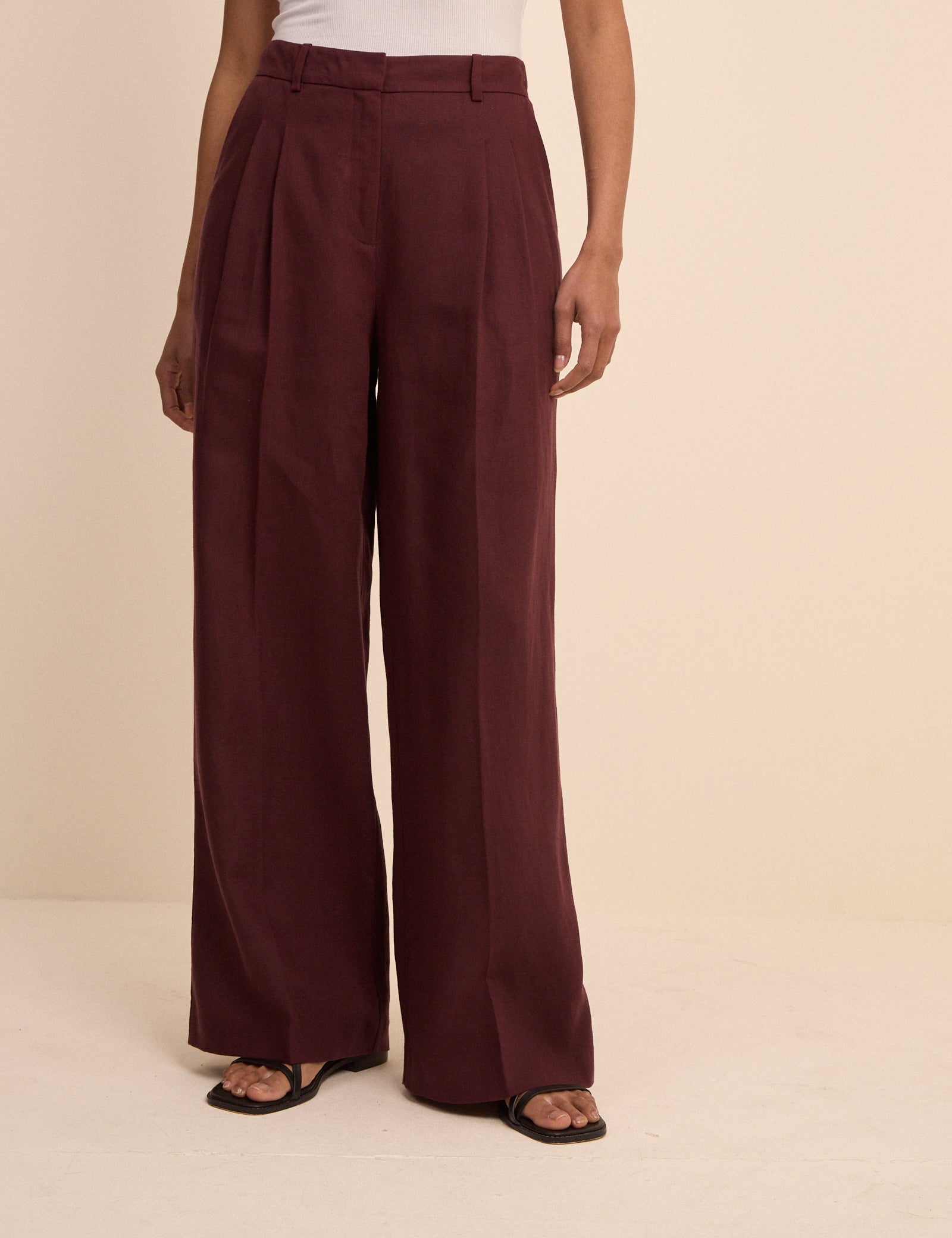 Burgundy Linen-Blend Jax Wide Leg Trousers