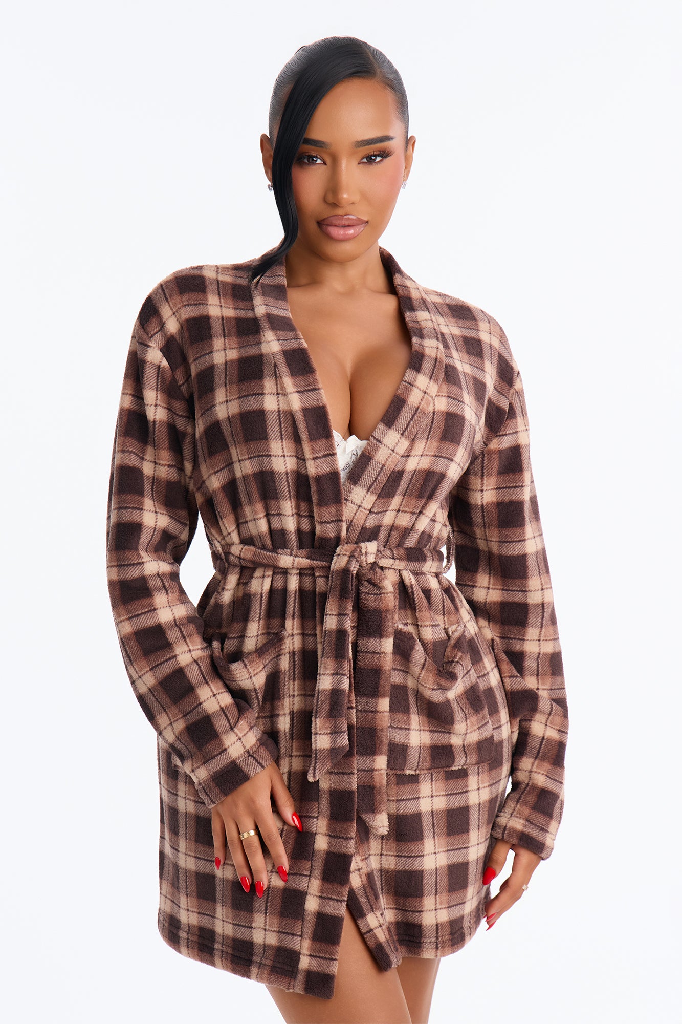 Early Mornings Plush PJ Short Robe - Brown/Brown