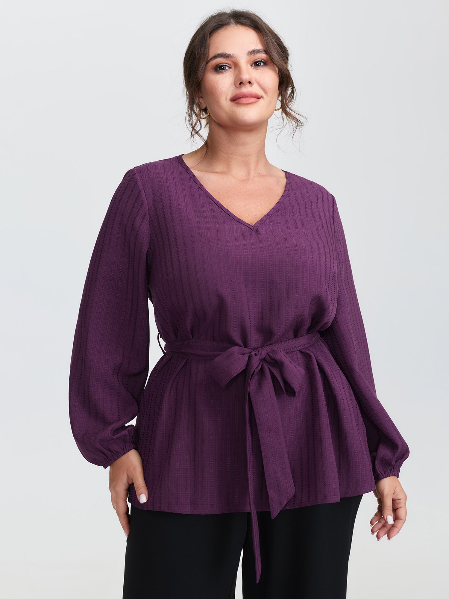 Textured Waist-Tie V-Neck Blouse