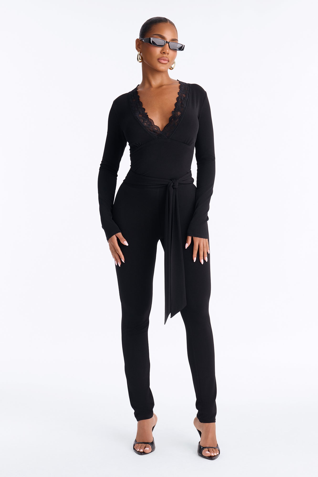 Priscilla Lace Trim Long Sleeve Catsuit - Black
