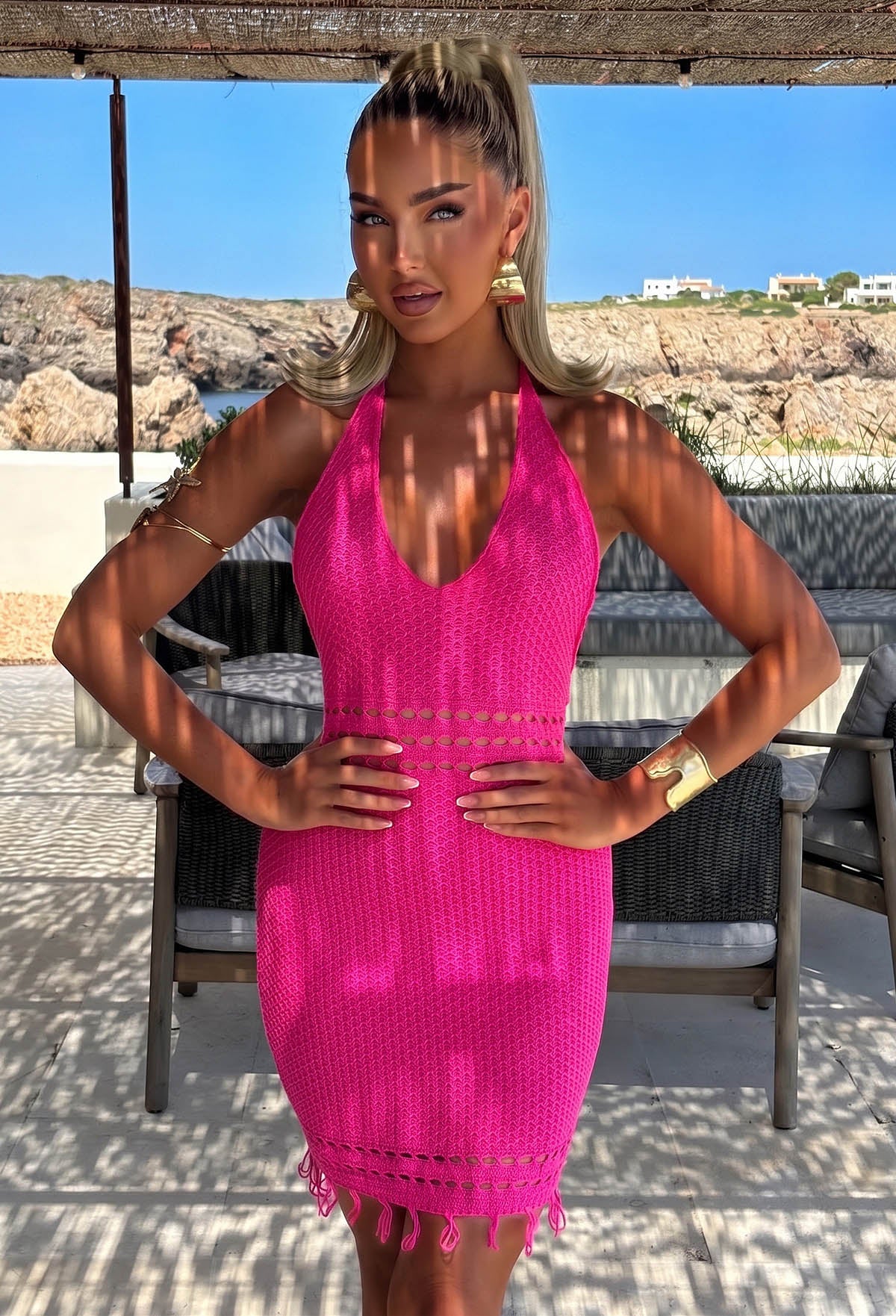 Siren Sounds Hot Pink Crochet Mini Dress