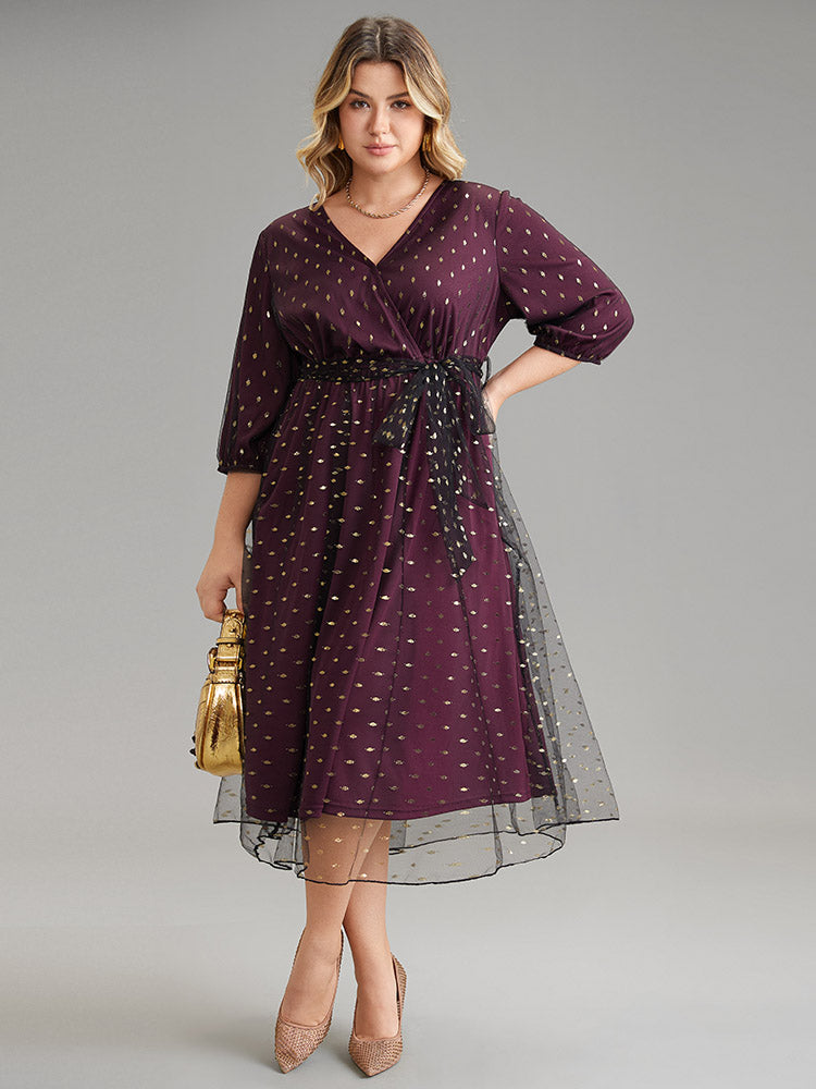 Geometric Tiered Mesh Belted Wrap Dress