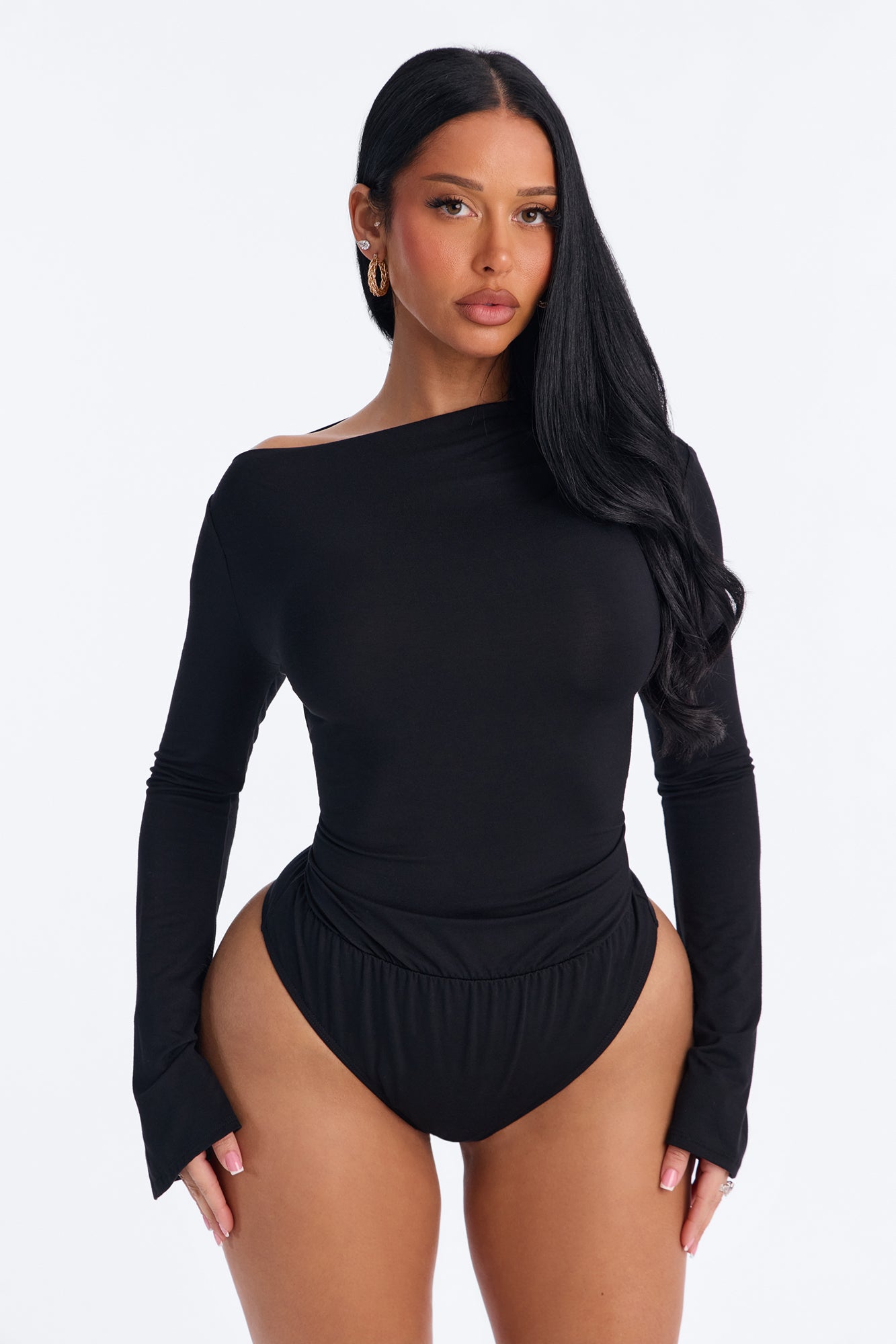 Flatter Me Off Shoulder Long Sleeve Bodysuit - Black