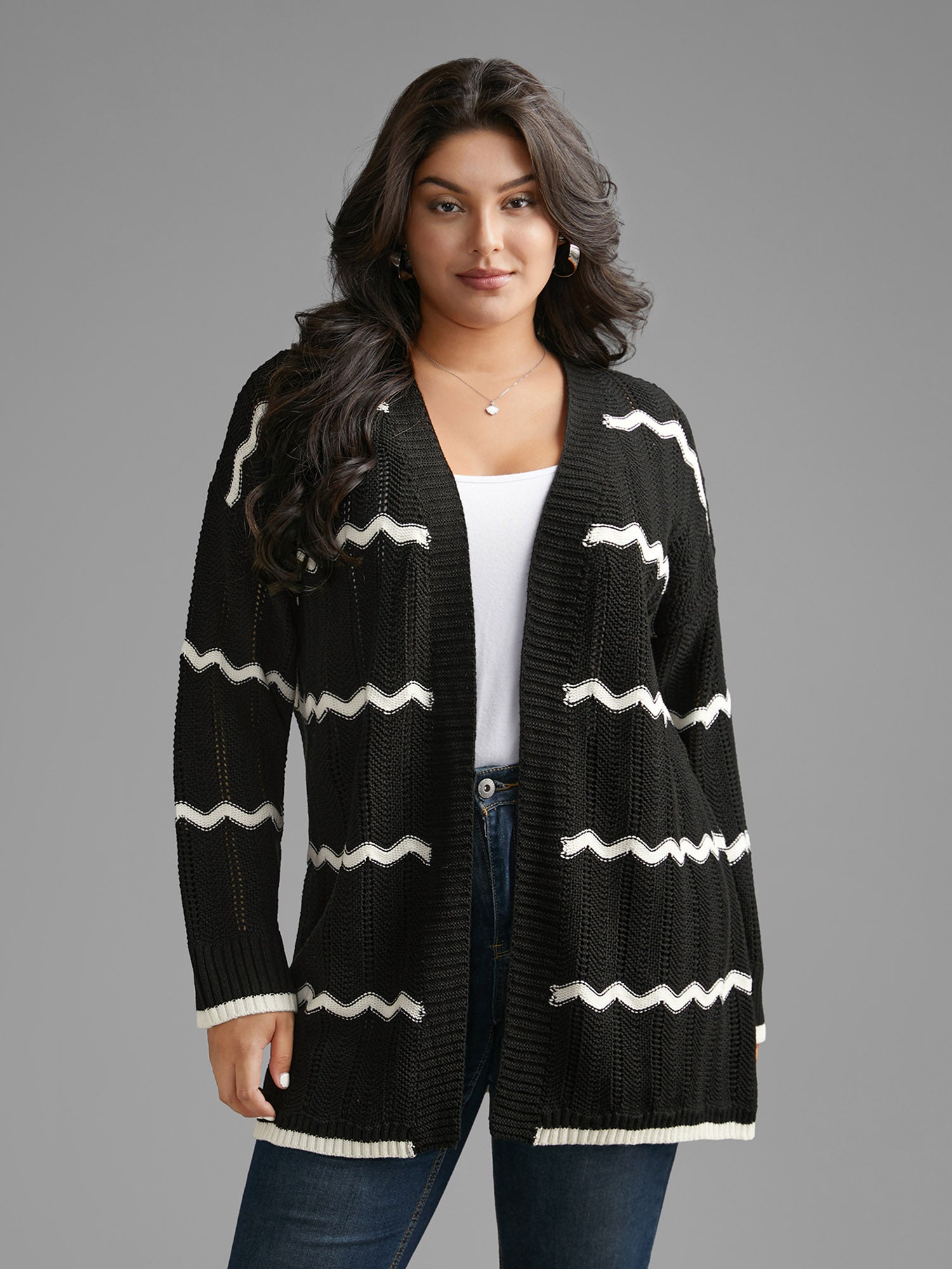 Striped Textured Pointelle Knit Cardigan