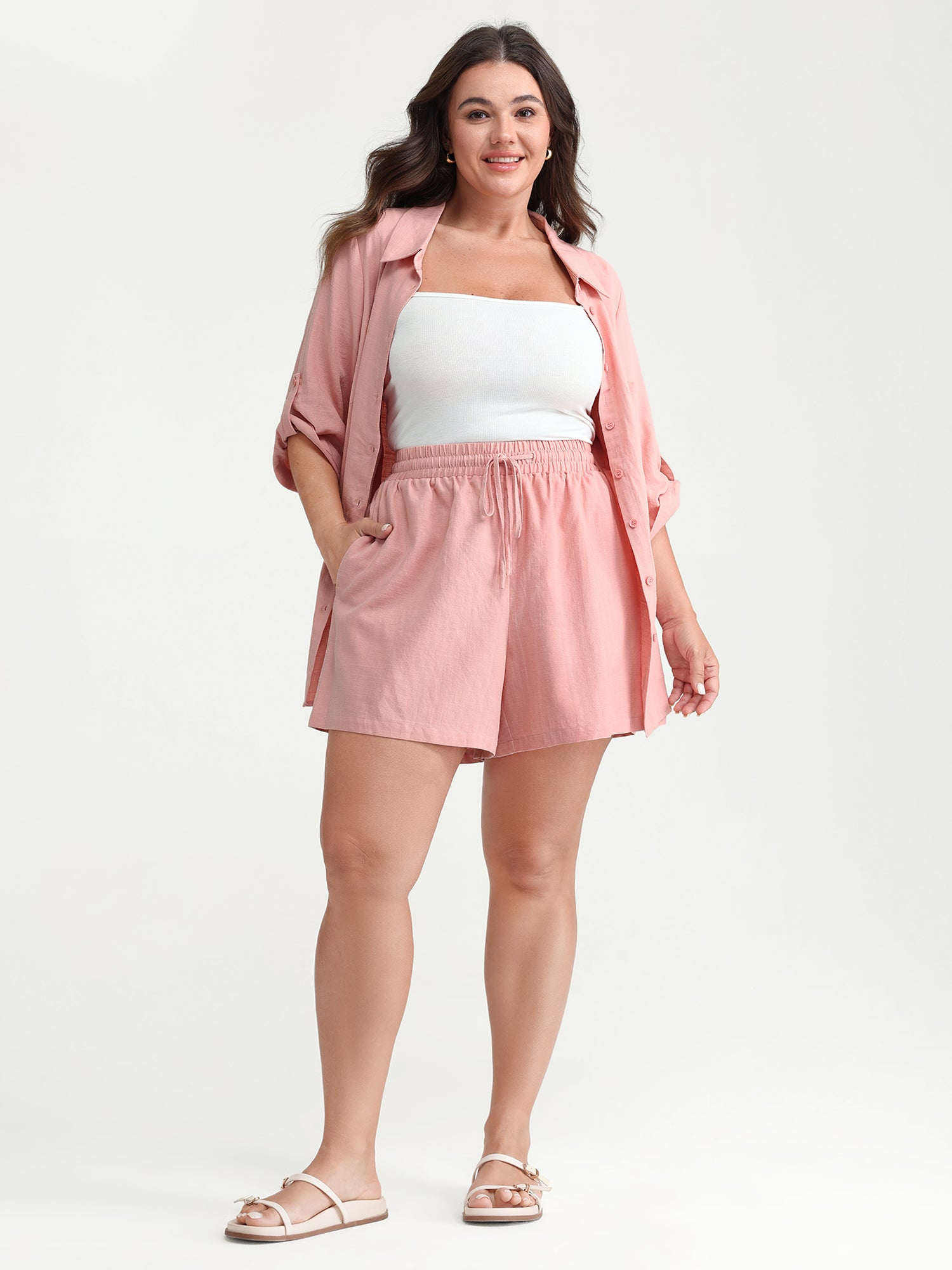 Cotton Drawstring Elastic Waist Pockets Shorts