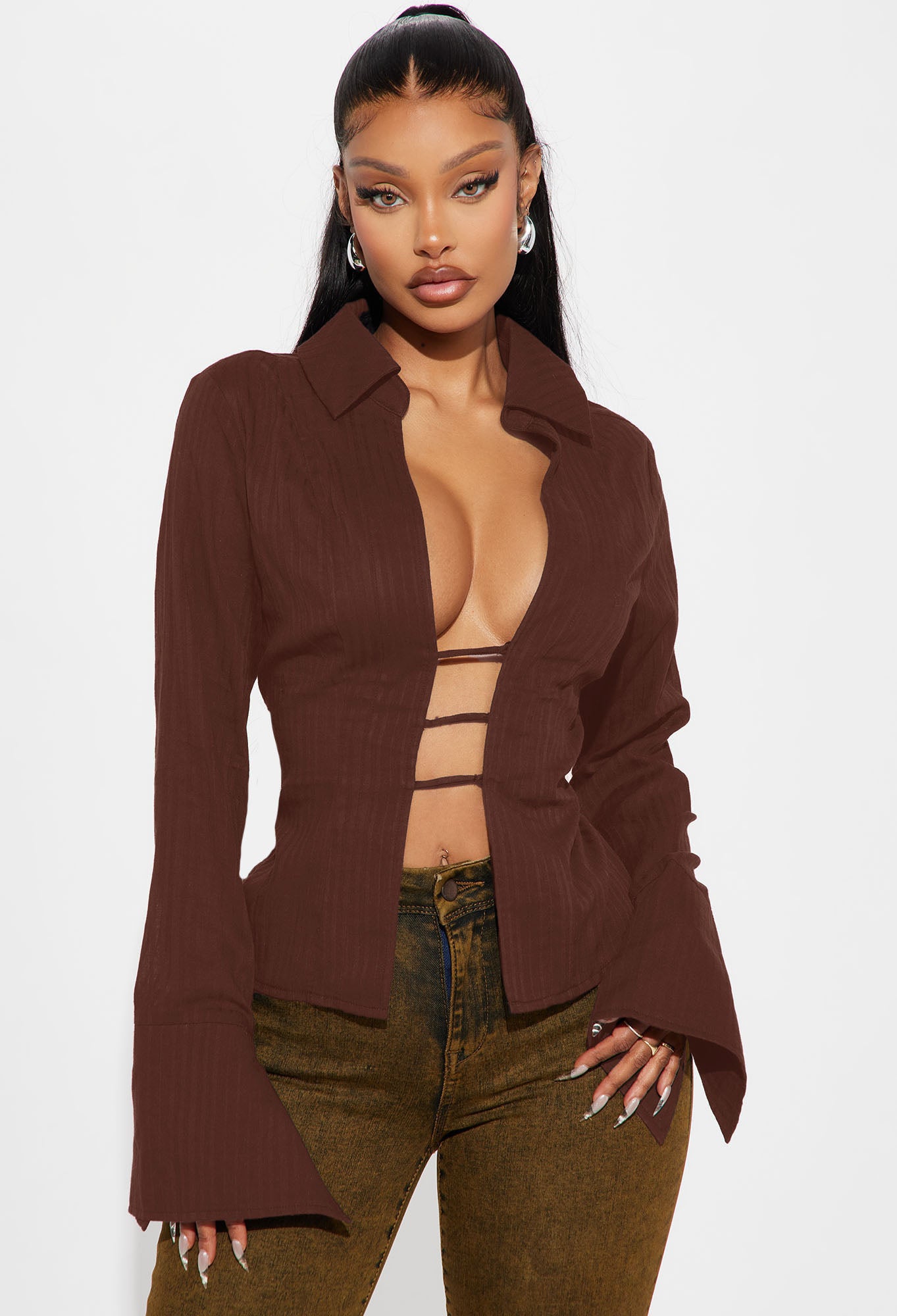 Ophelia Bell Sleeve Blouse Top - Chocolate