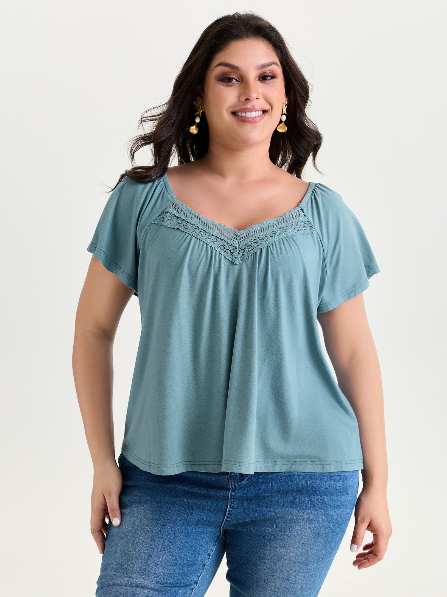 Breathable Lace Neckline Relaxed-Fit Top