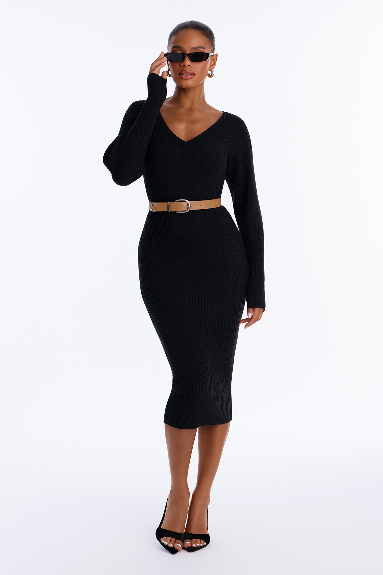Cheyenne Belted Long Sleeve Sweater Dress - Black