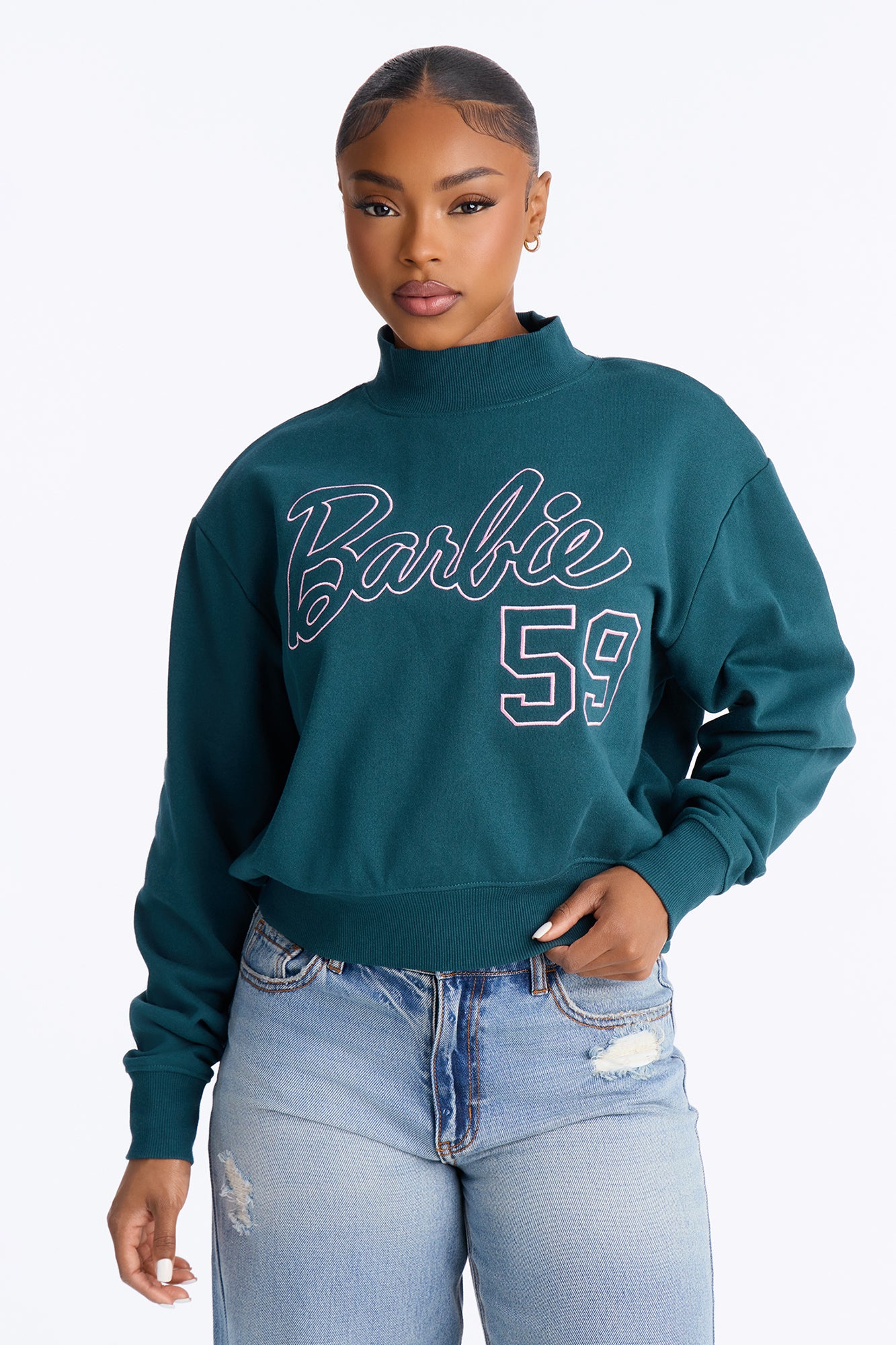 Barbie Crop Mock Neck Sweatshirt - Hunter Green