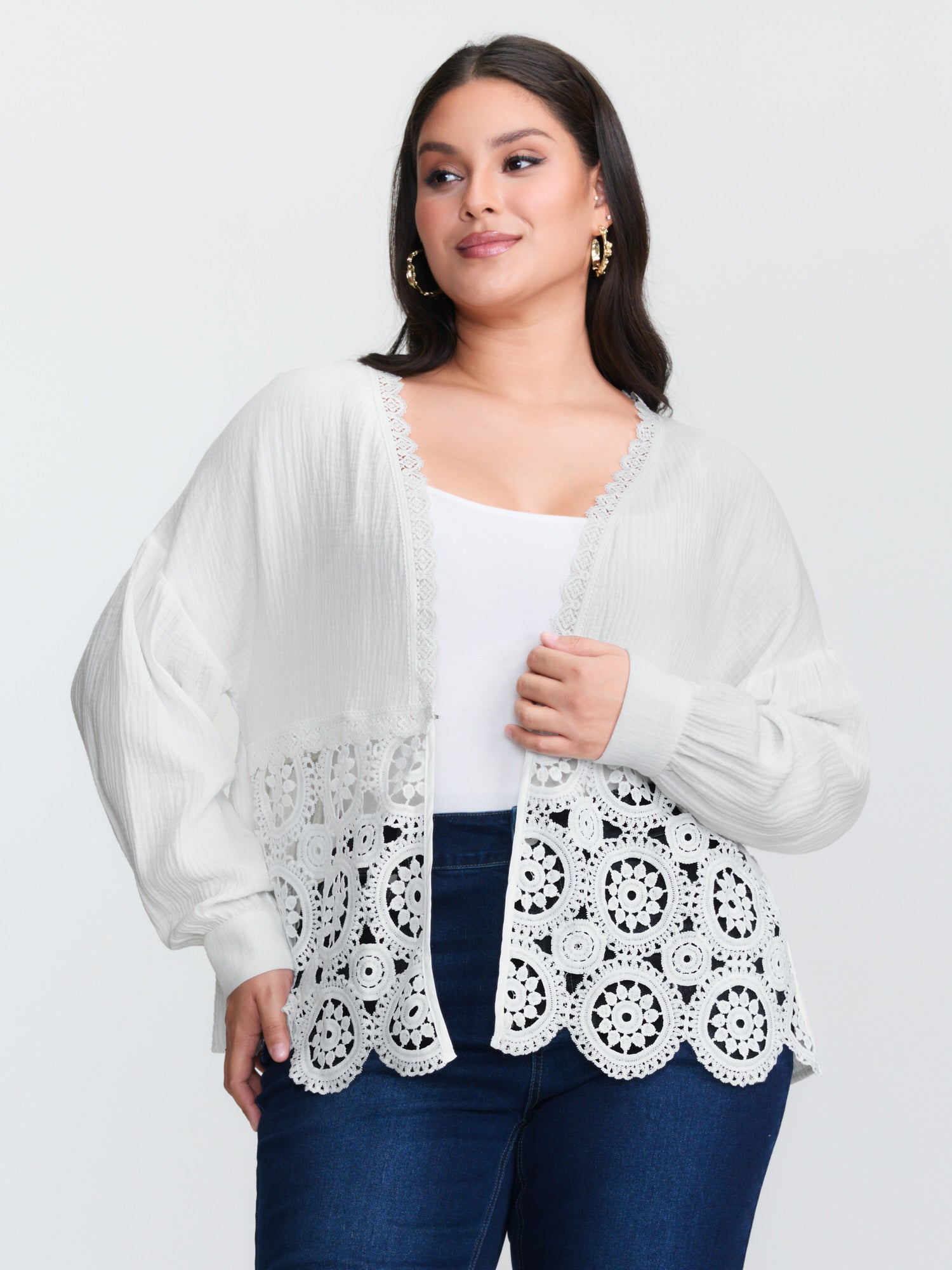 Cotton Boho Lace Cut-Out Open-Front Kimono