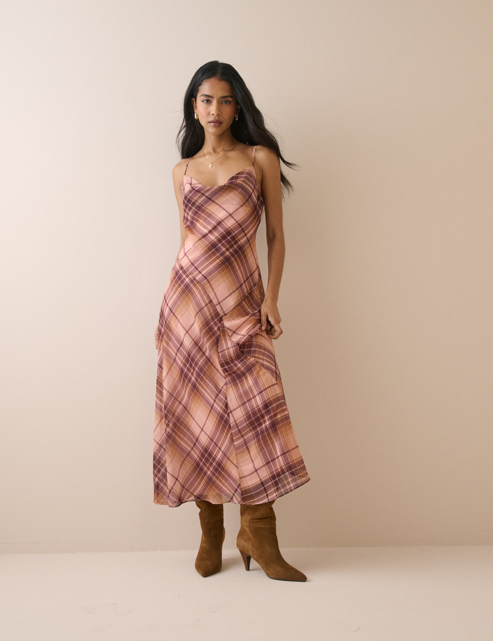 Pink and Maroon Check Motsi Midi Dress
