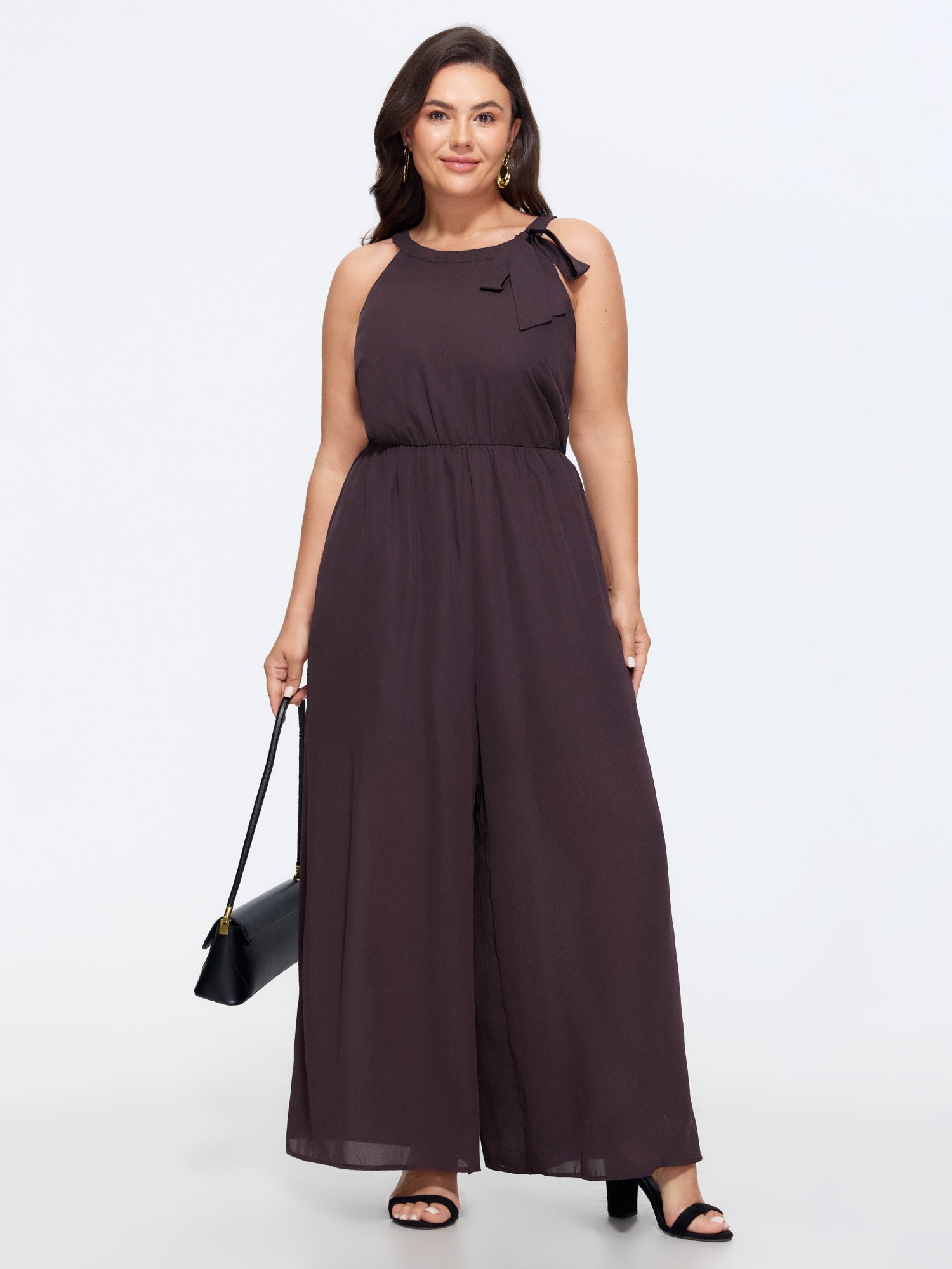 Solid Sheer Bow Halter Neck Wide Leg Jumpsuit