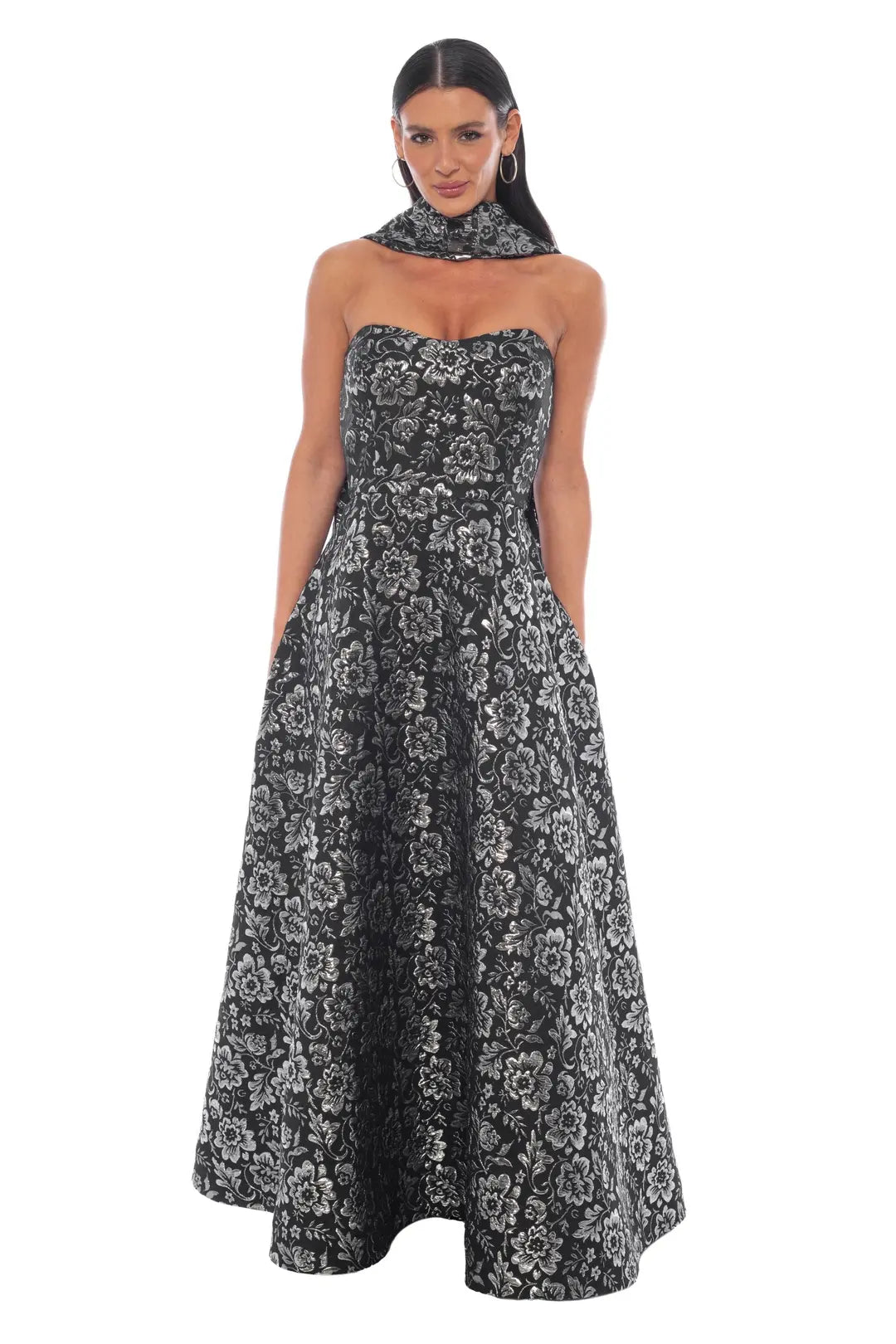 Strapless Brocade Ball Gown with Scarf