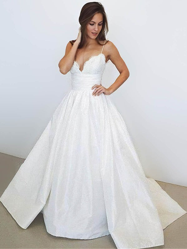 Charming Spaghetti Straps V-Neck Sleeveless Satin Lace A-Line Wedding Dresses