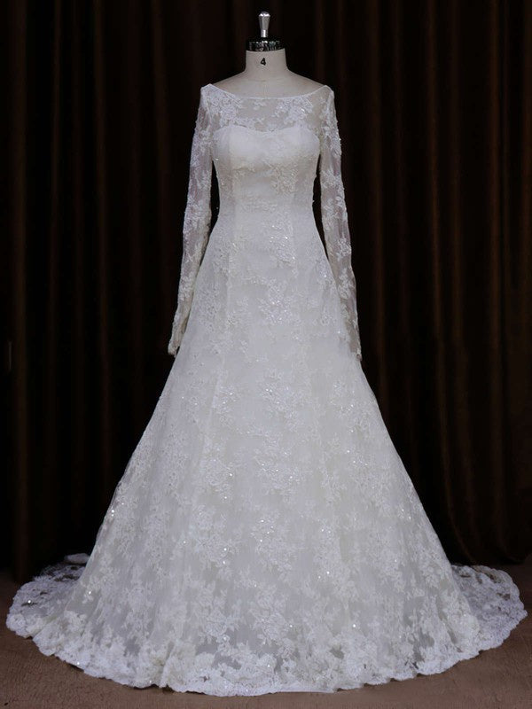 Glamorous Court Train Crew Neck Long Sleeves Lace Wedding Dresses with Beads