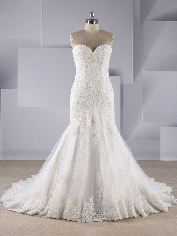 Gorgeous Trumpet Strapless Sweetheart Tulle Sweep Train Wedding Dresses