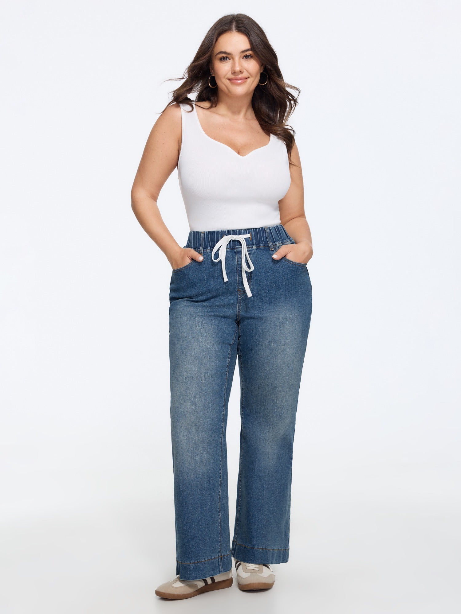 Stretchy Drawstring Elastic Waist Straight Leg Jeans