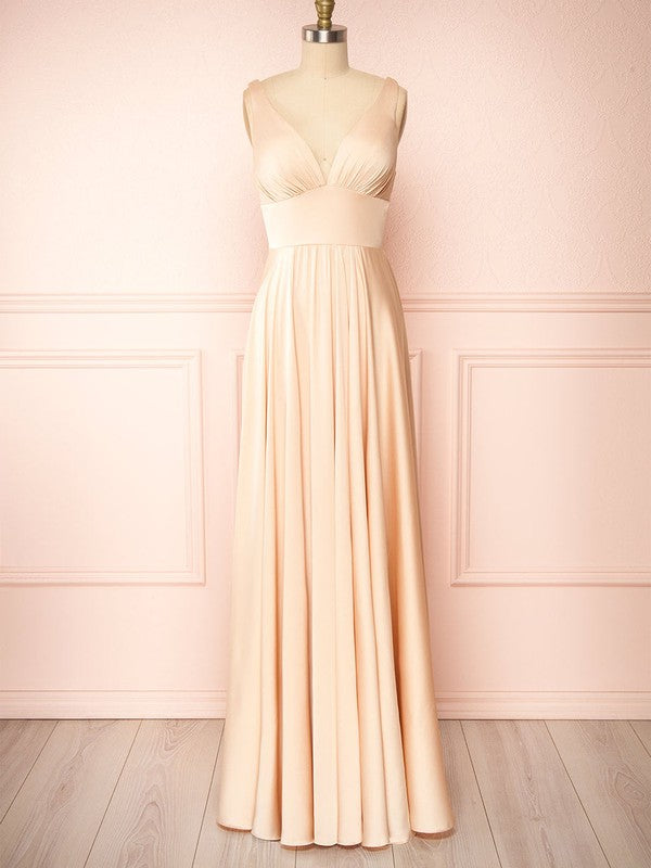 Beautiful A-Line V-Neck Satin Floor-Length Bridesmaid Dresses with Ruffles