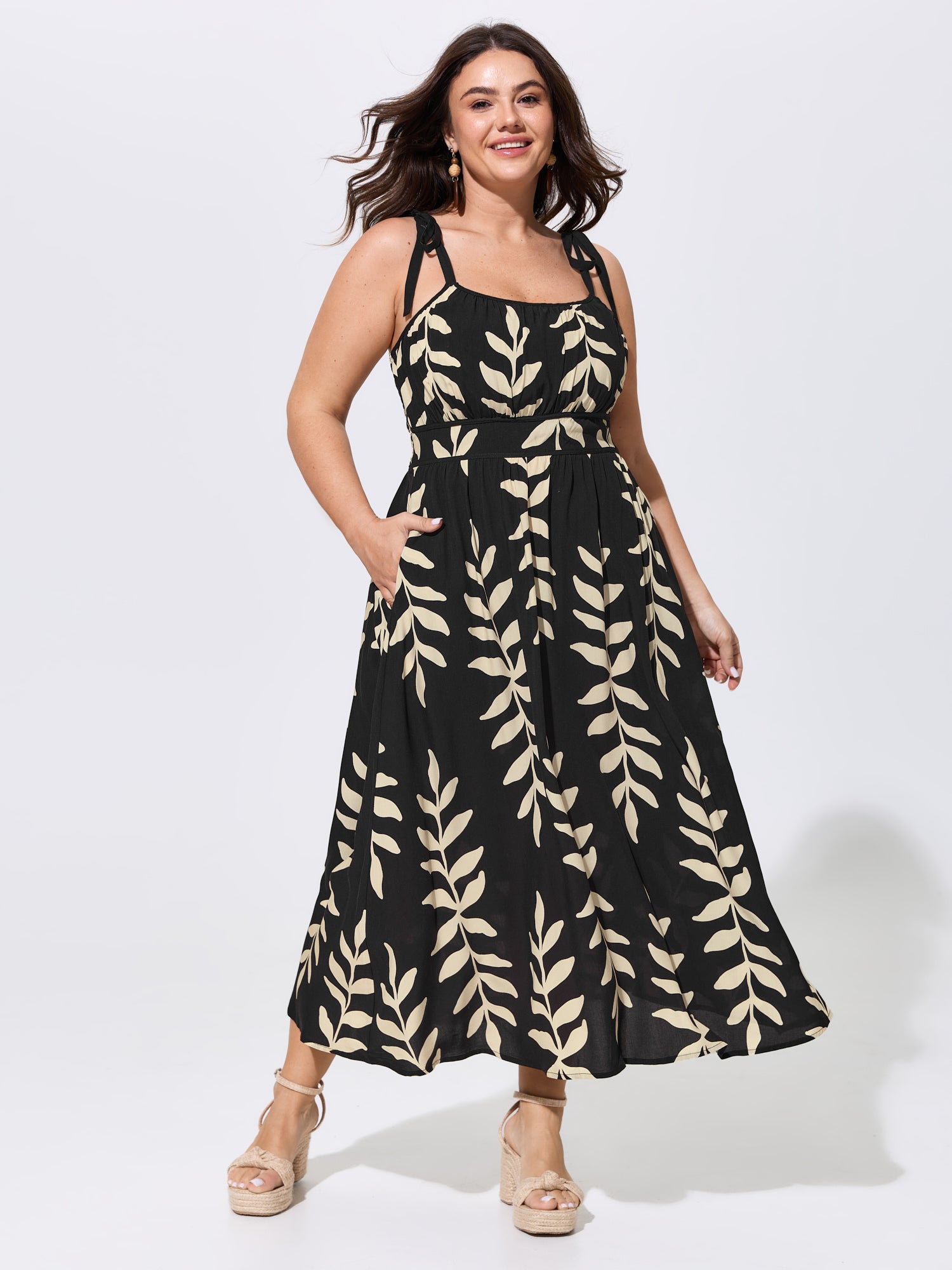 Leaf Print Shirred Adjustable Tie Maxi Dress