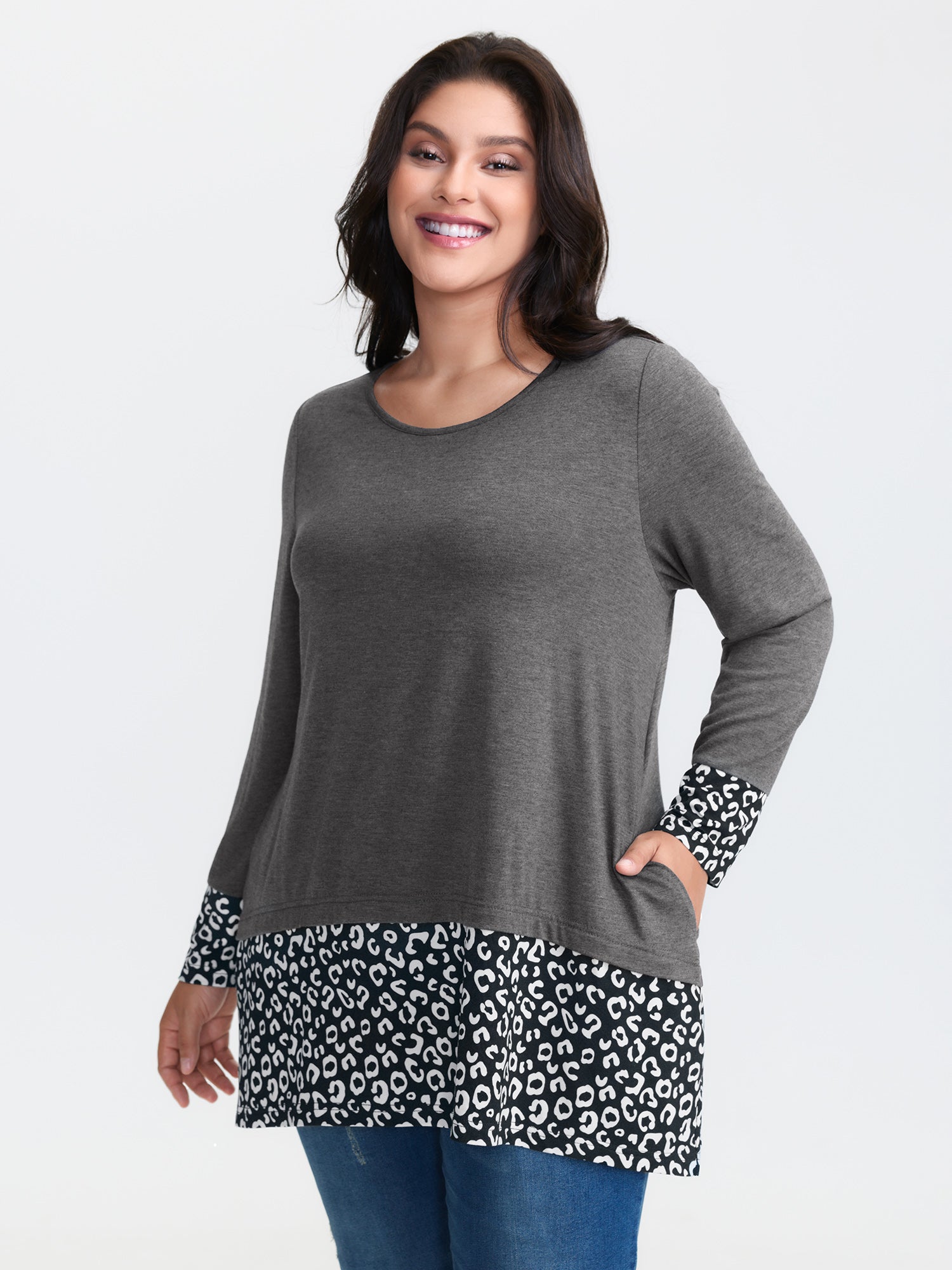 Mixed Material Layered Leopard Print T-Shirt