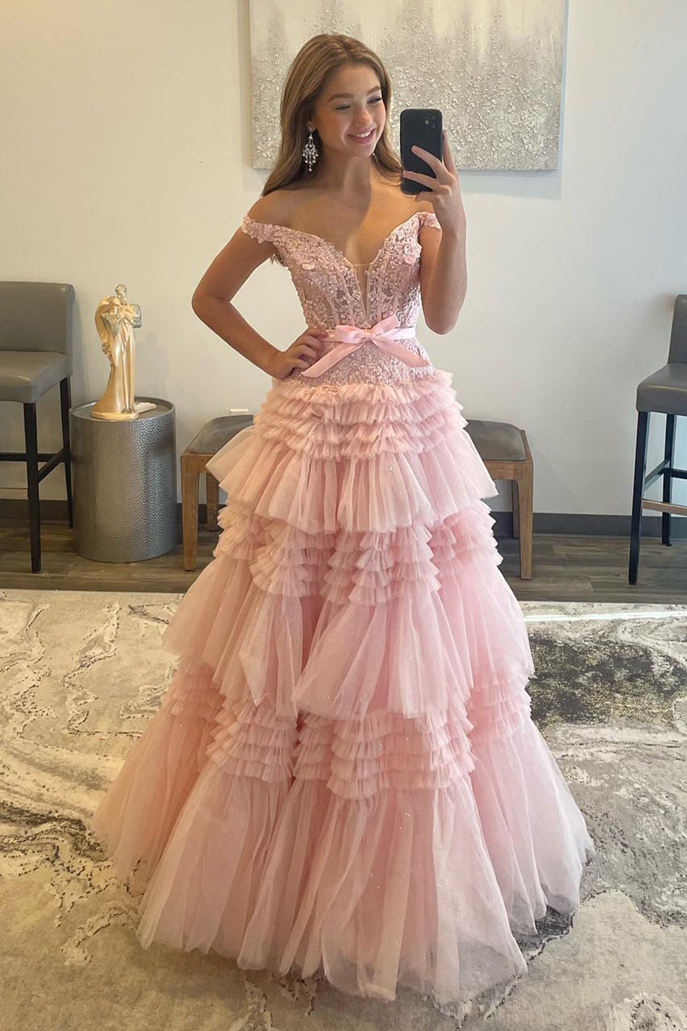 Light Pink Long A-Line Prom Dress with Ruffles and Off-the-Shoulder Princess Neckline