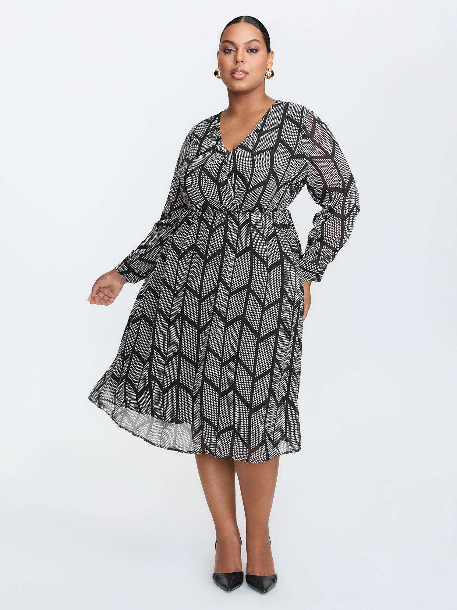 Monochrome Geometric Pattern Surplice Midi Dress
