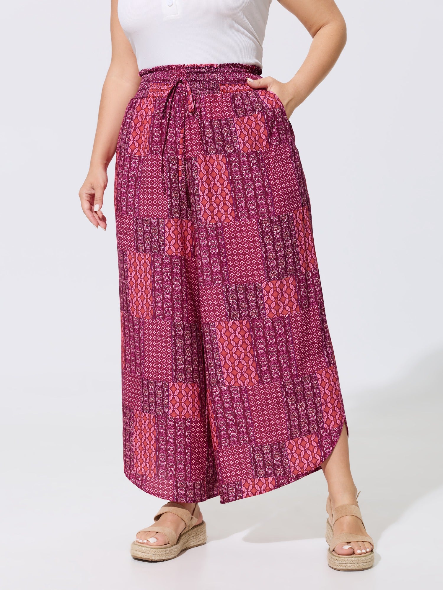 Boho Print Shirred Waist Wide-Leg Pants