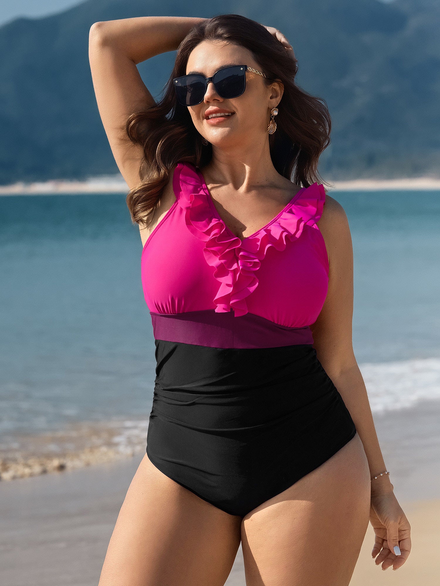 Color Contrast Ruffled Trim One-Piece Swimsuit