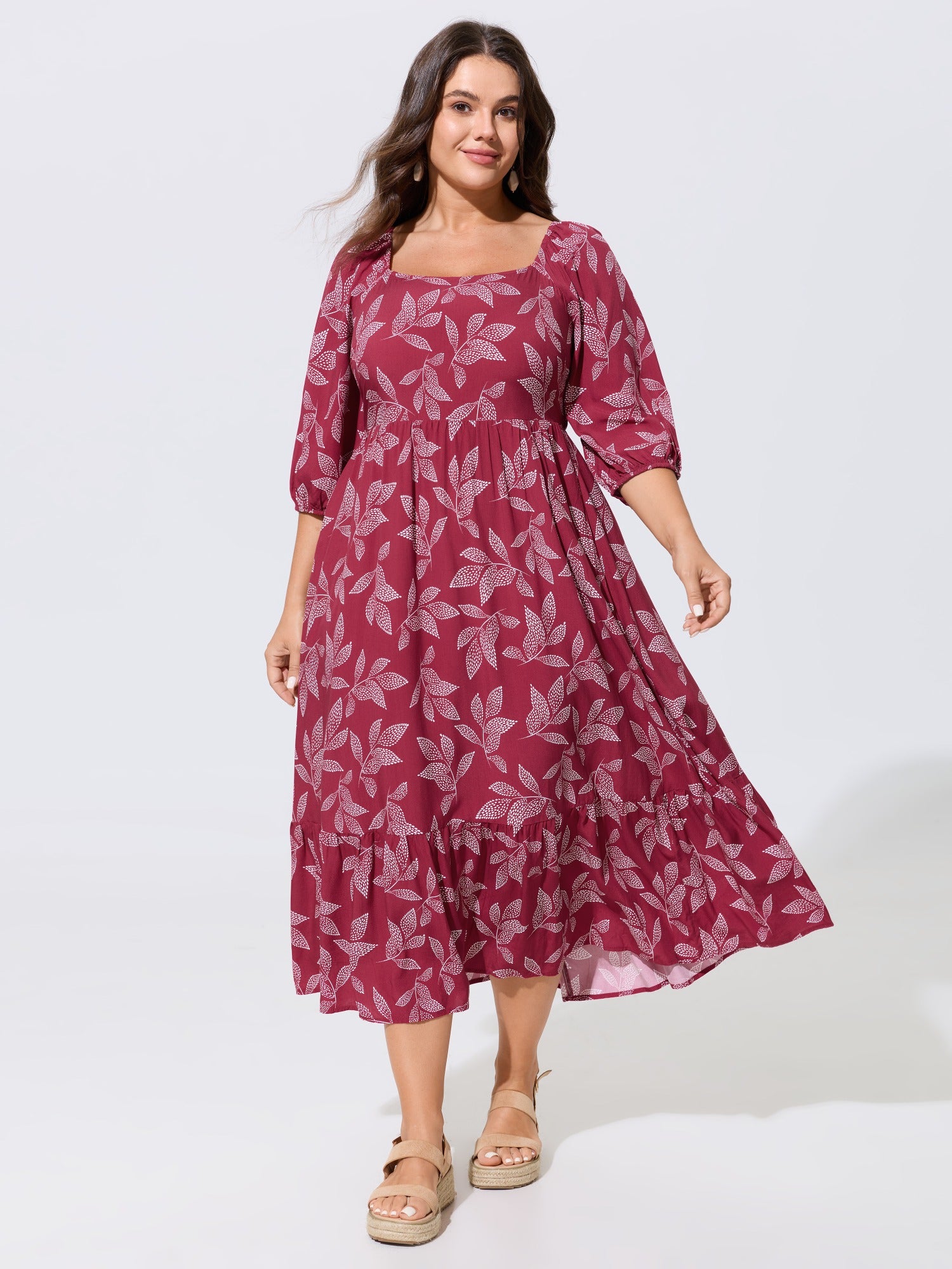 Supersoft Leaf Print Square Neck Midi Dress