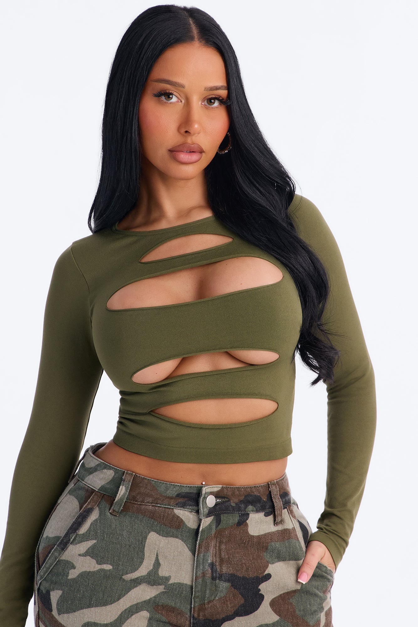 Tory Cut Out Seamless Long Sleeve Top - Olive