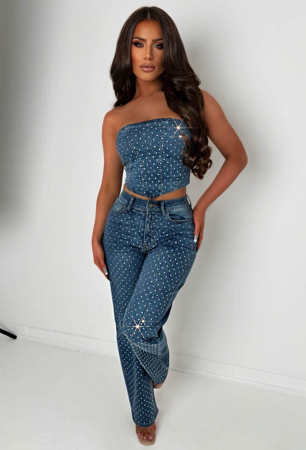 Sparkle Lover Mid Wash Stretch Denim Diamante Co-Ord Set