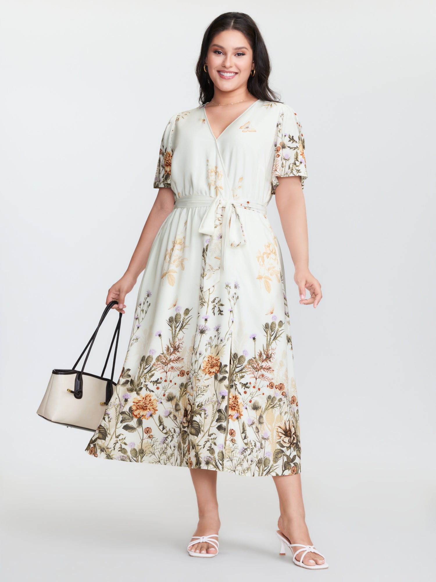 Spring Floral Print Surplice Neck Midi Dress