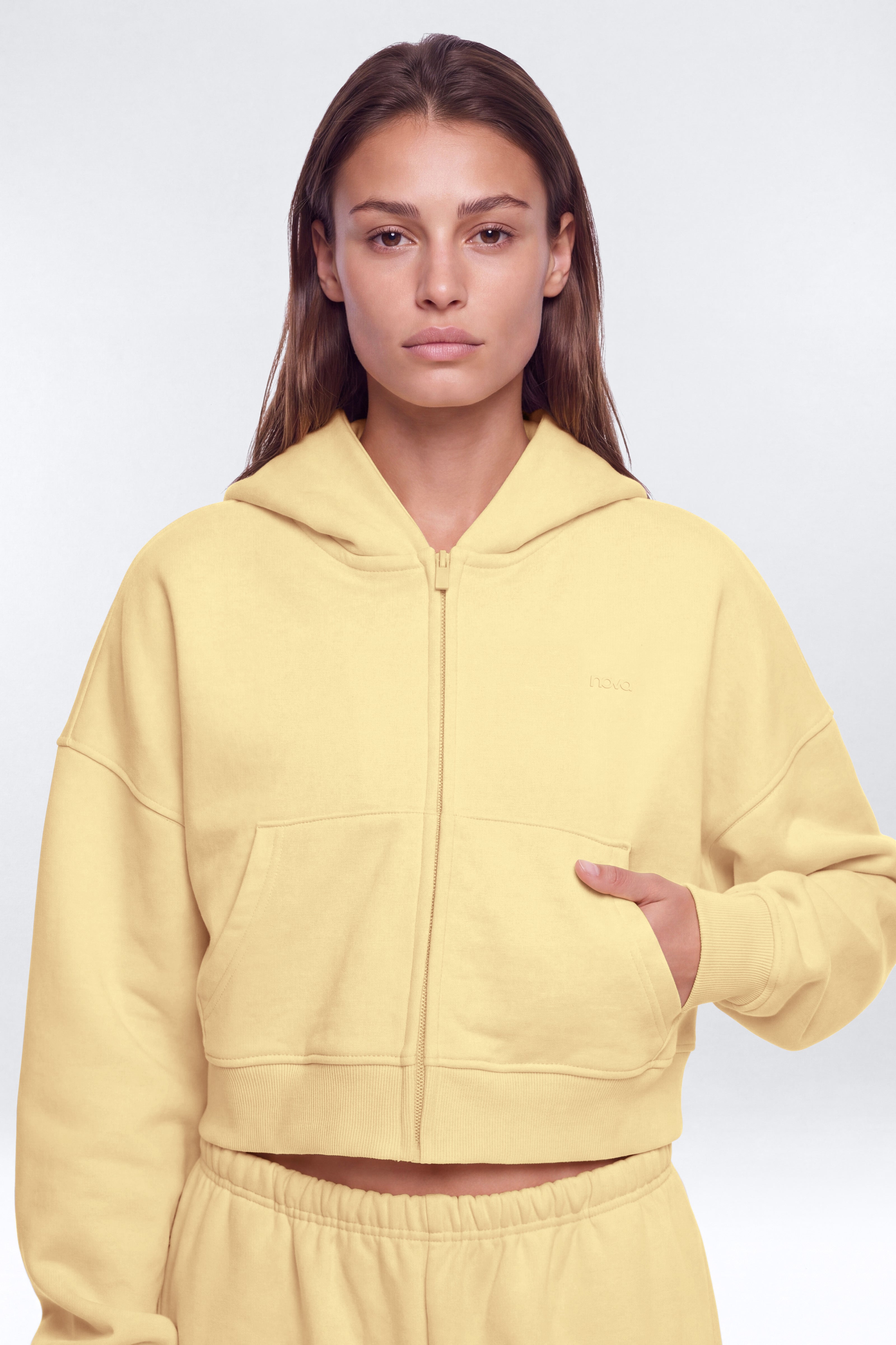 CoreFleece Essential Boxy Crop Zip Hoodie - Buttermilk