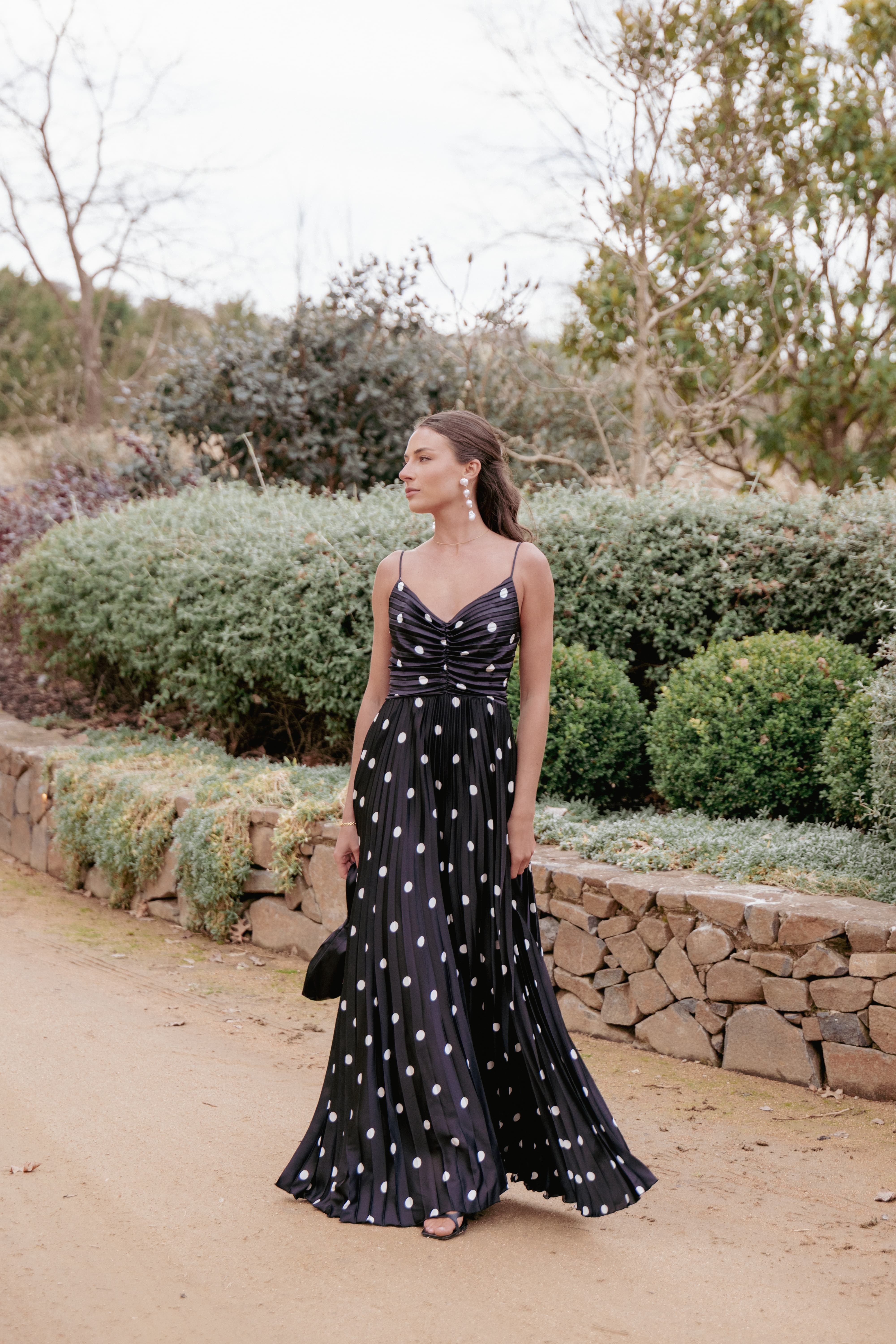 Naira Pleated Maxi Dress - Black Polka Dot